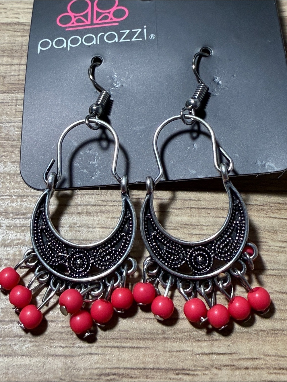 paparazzi Silver-Tone Crescent Earrings with Red Beads